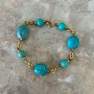 Vintage Museum Store Turquoise Blue Ceramic Egyptian Scarab Bead Bracelet